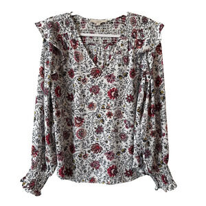Loft Women’s L Whimsigoth Smocked Ruffle Shoulder Colorful Floral Blouse Boho